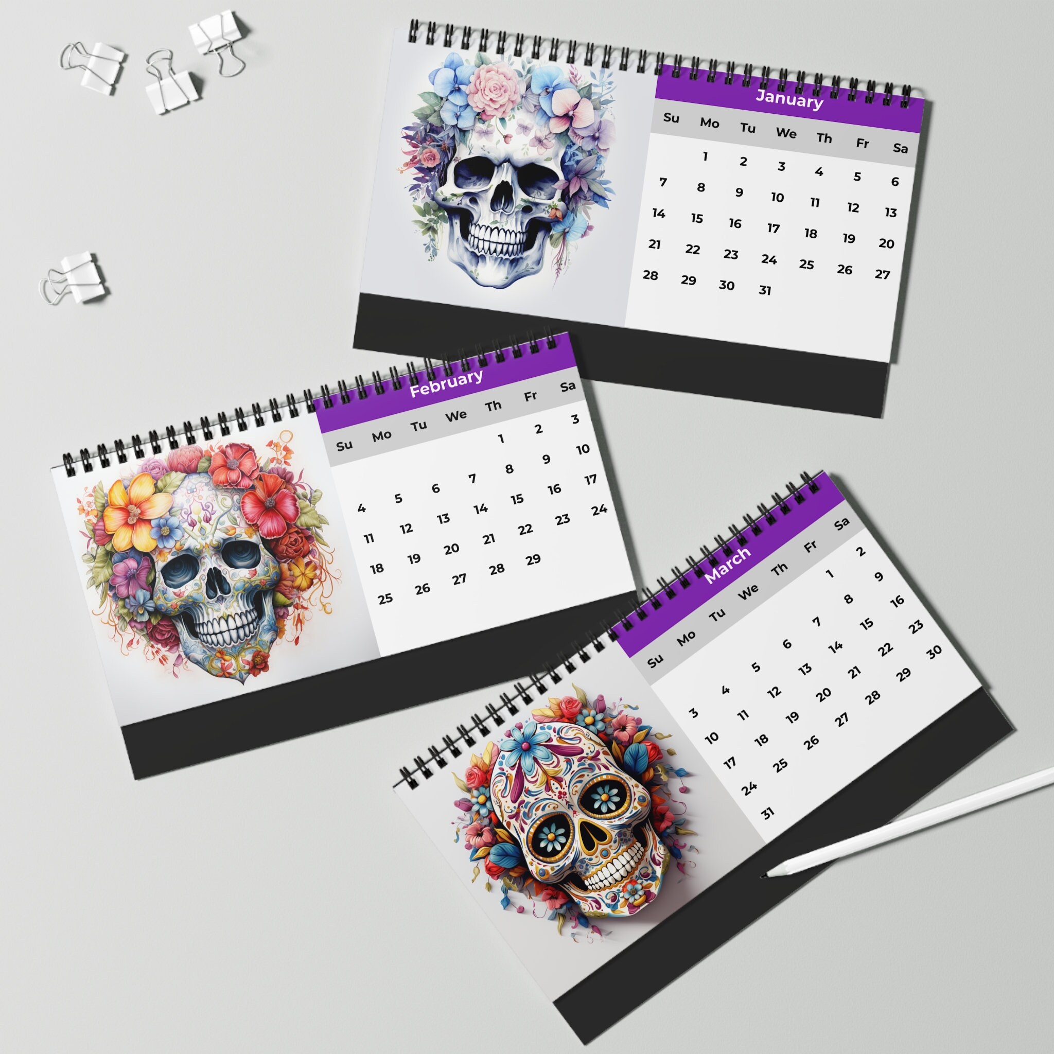 Skull Desk Calendar, Sugar Skull Calendar, Skull Calendar, 2024 ...