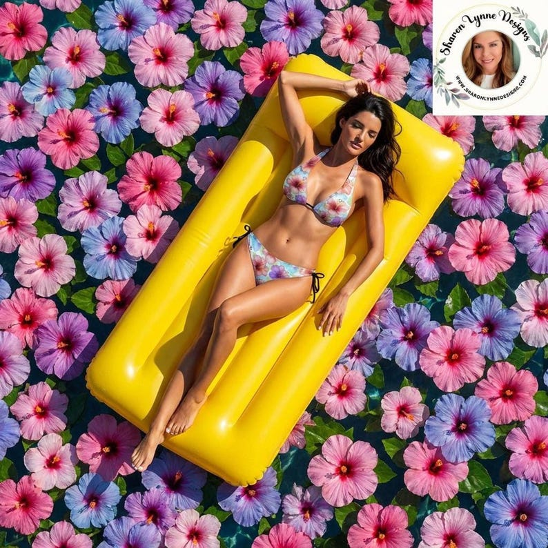 A woman in a floral bikini set reclines on a yellow inflatable raft, surrounded by pink, purple, and blue hibiscus flowers floating on water.