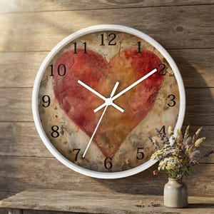 Reloj de pared rústico artesanal con forma de corazón, movimiento silencioso, marco de PVC, 10 x 10 pulgadas.