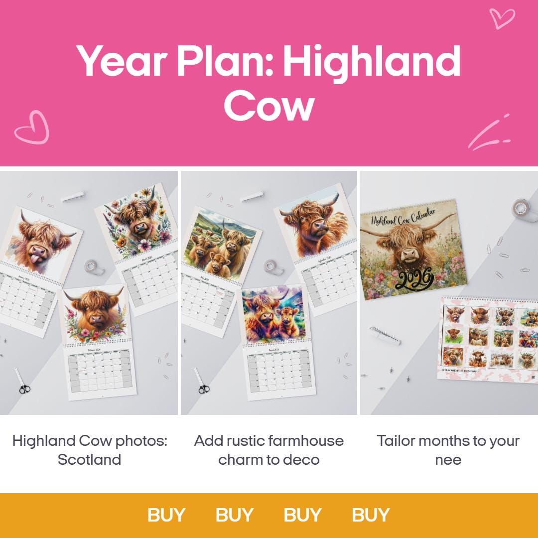 2026 Highland Cow Calendar: Rustic Farmhouse Wall Art - Thumbnail 2