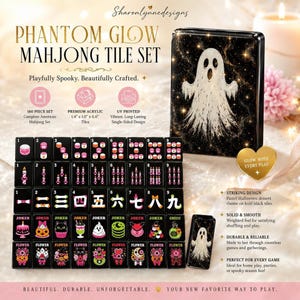 An informational product graphic displays the full set of black mahjong tiles alongside a matching storage tin and descriptive text.