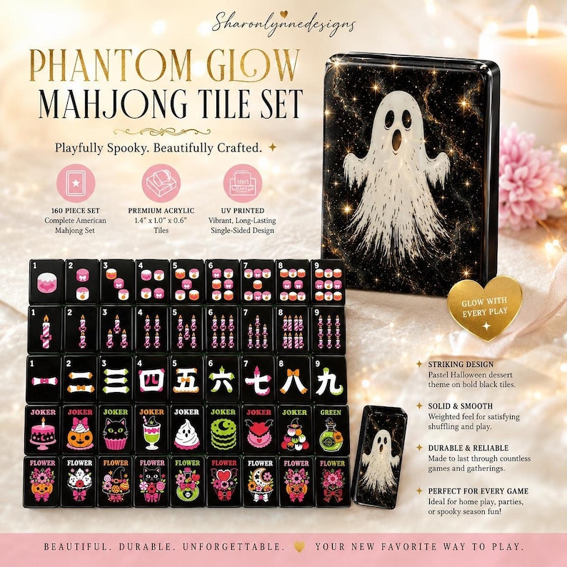 An informational product graphic displays the full set of black mahjong tiles alongside a matching storage tin and descriptive text.