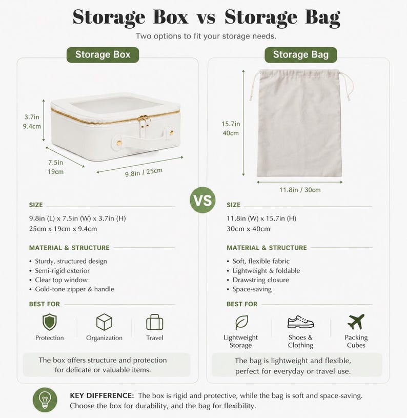 Puede incluir: Una tabla comparativa titulada Storage Box vs Storage Bag. La caja de almacenamiento blanca mide 25cm por 19cm por 9,4cm, con tapa transparente, cremallera dorada y asa. La bolsa de almacenamiento beige mide 30cm por 40cm con cierre de cord&oacute;n.