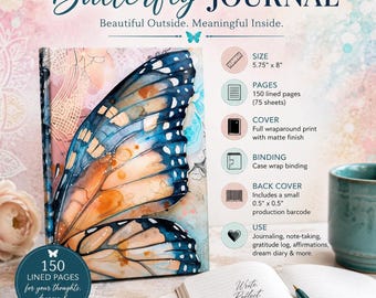 Diario con ali di farfalla, taccuino blu personalizzabile con design ispiratore