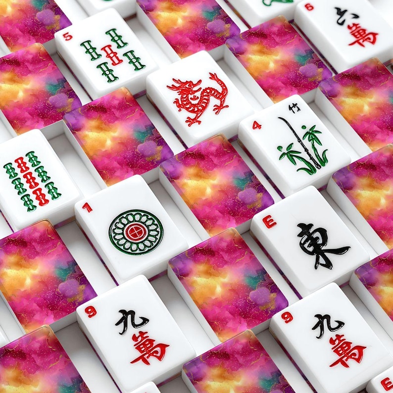 Juego de fichas de mahjong americano de mármol rosa - Piezas de juego para juegos de mesa tradicionales chinos imagen 2