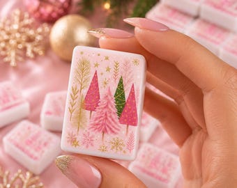 Christmas Mahjong Set with Pink Trees, 160-Piece Acrylic Tile Collection