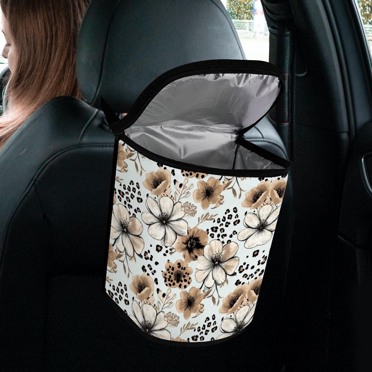 Stylish Floral Cheetah Bucket Car Trash Bin: Organize Your Vehicle with Animal Print - Thumbnail 5
