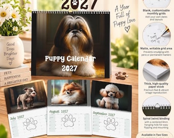 2027 Puppy Portraits Wall Calendar | Customizable Monthly Grids, Matte Paper