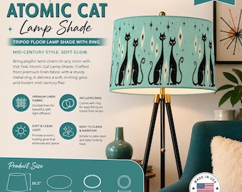 Teal Atomic Cat Tripod Lamp Shade, Mid Century Modern Linen Design with Metal Ring