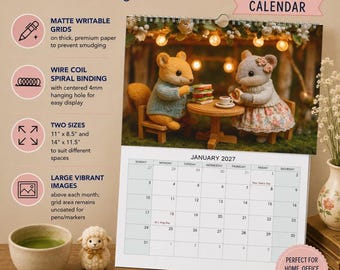 2027 Animal Wall Calendar, Miniature Tea Party Scenes with Blank Month Grids