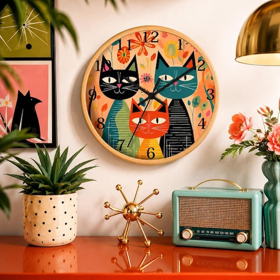 A handmade wall clock channeling Felix the Cat energy with genuine mid-century modern styling — the kind of piece that makes visitors ask 'where did you get that?'