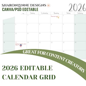 Puede incluir: Un calendario editable de 2026 con fondo blanco y detalles en verde. El calendario incluye el texto "SHARONLYNNE DESIGNS CANVA/PSD EDITABLE" y "GREAT FOR CONTENT CREATORS". La cuadrícula del calendario está diseñada para creadores de contenido.