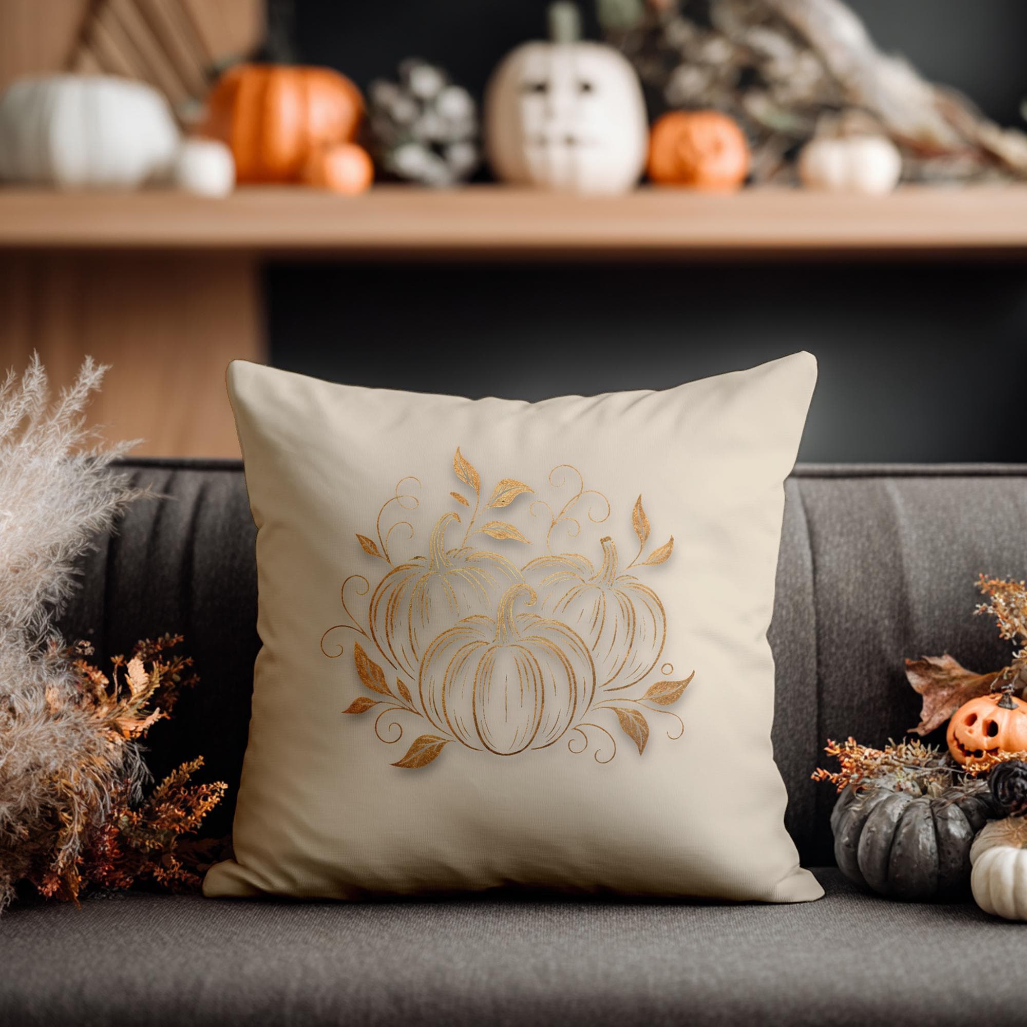 Autumn Pumpkin Floral Square Pillowcase - Cozy Fall Accent Cushion Cover for Thanksgiving Decor - Thumbnail 6