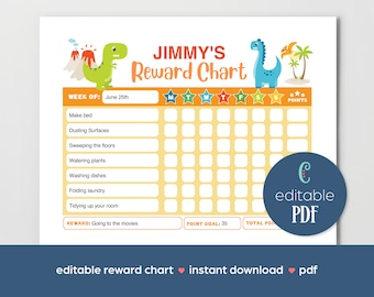 Tableau de récompense de dinosaure modifiable, tableau de corvée, tableau de récompense de garçon, corvées quotidiennes imprimable, numérique, modèle de téléchargement instantané, PDF