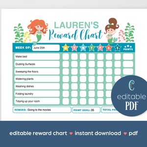 EDITABLE Mermaid Reward Chart, Chore Chart, Girls Reward Chart, Daily Chores Printable, Digital, Instant Download Template, PDF