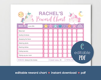 May include: A printable pink and purple reward chart with a unicorn theme. The chart has a space for a child's name, a week of the month, and a list of chores. The chart has a point goal of 35 and a reward of going to the movies.