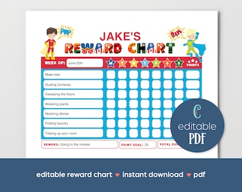 May include: A printable reward chart for kids featuring a superhero theme. The chart has a blue background with white squares for checking off tasks. The chart includes a space for the child's name, the week of, and a point goal. The reward for completing the chart is going to the movies.