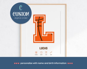 Custom initial print, name printable, personalized nursery wall art, custom birth stats, basketball decor, baby boy gift