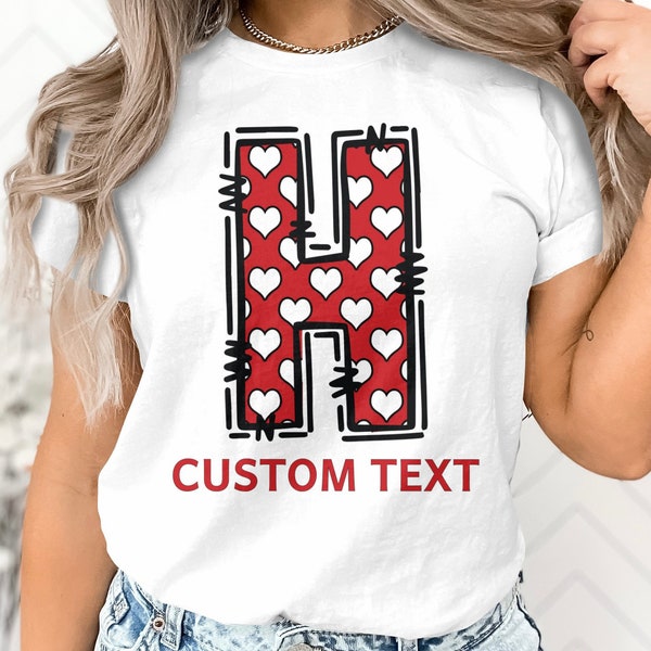 Custom Text Heart Pattern Letter H T-Shirt, Personalized Initial Monogram Tee, Unique Gift, Casual Wear for All Ages, Unisex Shirt Design