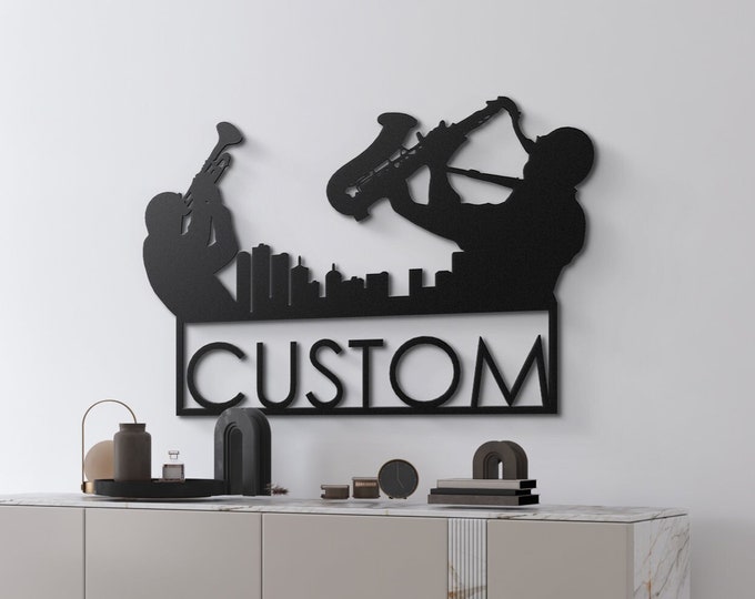 Custom Jazz Cityscape Metal Wall Art - Dual Trumpet Players & Personalized Name Wall Decor