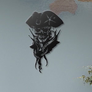 Pirate Skull Metal Wall Art with Octopus, Man Cave Decor, Nautical Black Metal Art, Gothic Home Decor, Unique Skull Art for Wall