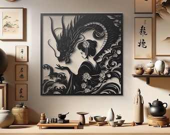 Geisha and Dragon Metal Wall Art  Traditional Japanese Decor  Monochrome Samurai and Mythical Creature Design  Elegant Metal Wall Hanging