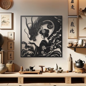 Geisha and Dragon Metal Wall Art  Traditional Japanese Decor  Monochrome Samurai and Mythical Creature Design  Elegant Metal Wall Hanging
