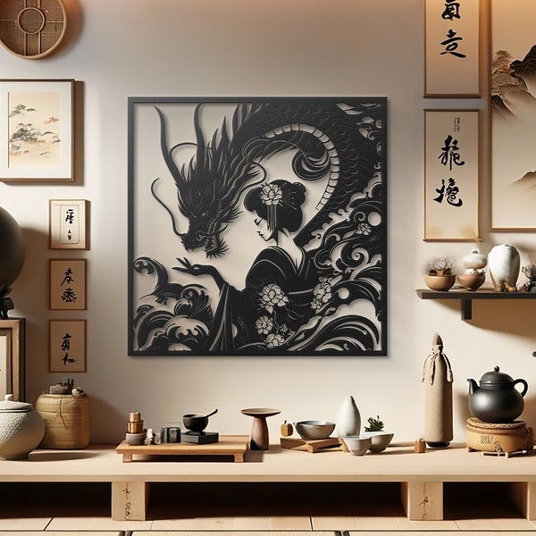Geisha en Dragon Metal Wall Art Traditioneel Japans Decor Monochroom Samurai en Mythisch Wezen Ontwerp Elegante metalen wandhanger