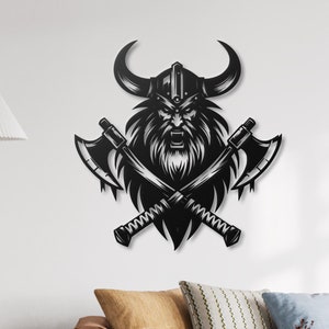 Viking Warrior Metal Wall Decor, Viking Helmet with Axes Metal Wall Art, Nordic Metal Art for Mancave Office and Living Room