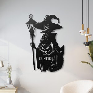 Witch Halloween Metal Wall Art | Custom Spooky Decor | Witch and Cat Silhouette