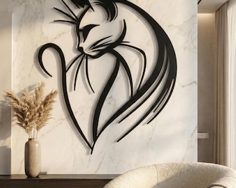 Metall Wand Kunst Katze Moderne schwarze Minimalist Haustier Porträt Wand Dekor Feline Linie Kunst Design Tier Wandbehang Katzenliebhaber Geschenk Wohnkultur
