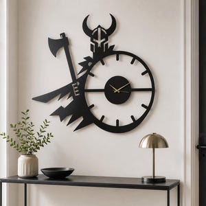 Viking Wall Clock, Nordic Warrior Decor, Valhalla Axe Art, Personalized Gift for Him, Odin Helmet Sign, Mancave Accessories for Dad ,