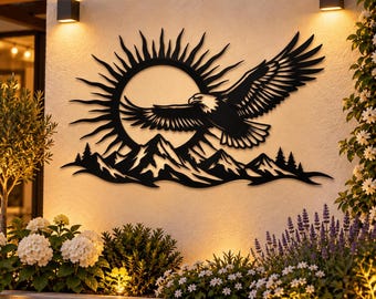 Eagle Metal Wall Art with Mountains and Sun, Rustic Cabin and Lodge Decor