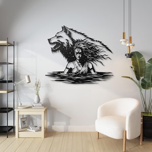 Metalen muurkunst wolf vrouw, silhouet vrouwelijke krijger, muurdecoratie wolfgeest, donkere vrouwelijke krachtkunst, moderne metalen muurdecoratie afbeelding 4