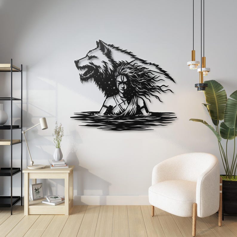 Metalen muurkunst wolf vrouw, silhouet vrouwelijke krijger, muurdecoratie wolfgeest, donkere vrouwelijke krachtkunst, moderne metalen muurdecoratie afbeelding 4