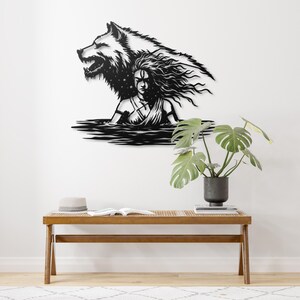 Metalen muurkunst wolf vrouw, silhouet vrouwelijke krijger, muurdecoratie wolfgeest, donkere vrouwelijke krachtkunst, moderne metalen muurdecoratie afbeelding 5