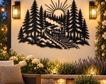 Steam Train Metal Wall Art, Vintage Locomotive Pine Forest Scene, Railroad Tracks Decor, Train Lover Gift