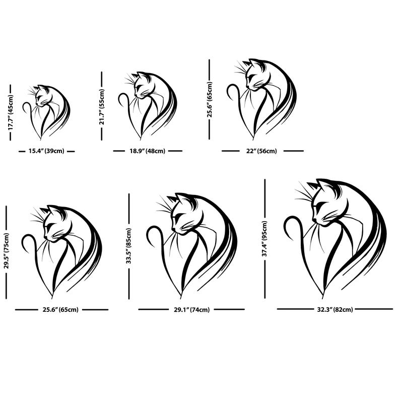 Puede incluir: Un conjunto de seis calcoman&iacute;as de silueta de gato en blanco y negro de diferentes tama&ntilde;os, que van desde 39 cm hasta 95 cm. Las calcoman&iacute;as presentan un dise&ntilde;o de gato estilizado con una forma de coraz&oacute;n formada por su cola.