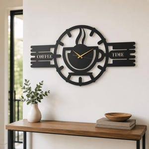 Coffee Time Metal Wall Clock, Coffee Bar Decor, Unique Kitchen Wall Art, Cafe Shop Sign, Large Coffee Cup Silhouette, Gift for Coffee Lovers