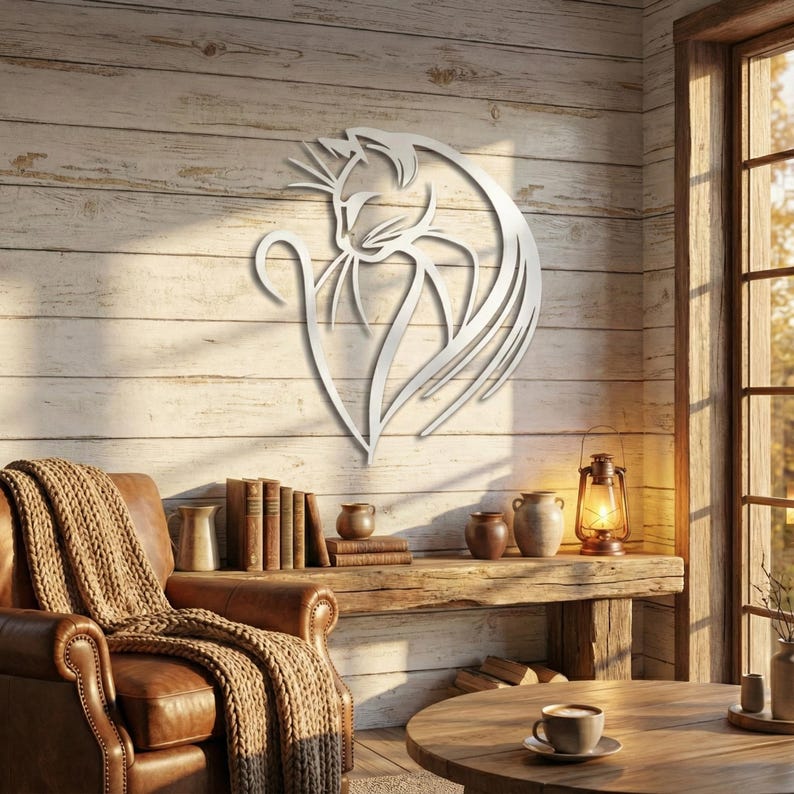 Arte mural de metal con gatos, decoración moderna de pared con gatos, regalo para amantes de los gatos, adorno minimalista de pared con mascotas, decoración para sala de estar y dormitorio. imagen 7