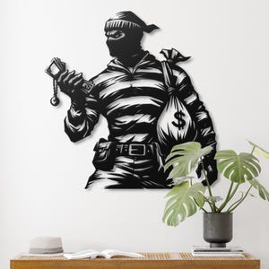 Arte murale in metallo ladro rapinatore di banche silhouette di borsa per soldi arte di strada urbana decorazione per caverna dell'uomo criminale appeso a parete arte ufficio tana ladro mascherato