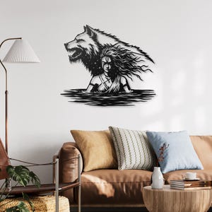 Metalen muurkunst wolf vrouw, silhouet vrouwelijke krijger, muurdecoratie wolfgeest, donkere vrouwelijke krachtkunst, moderne metalen muurdecoratie afbeelding 10