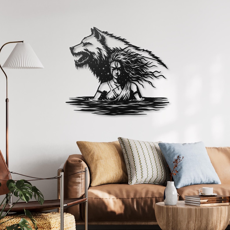 Metalen muurkunst wolf vrouw, silhouet vrouwelijke krijger, muurdecoratie wolfgeest, donkere vrouwelijke krachtkunst, moderne metalen muurdecoratie afbeelding 10
