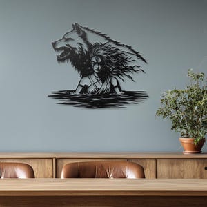 Metalen muurkunst wolf vrouw, silhouet vrouwelijke krijger, muurdecoratie wolfgeest, donkere vrouwelijke krachtkunst, moderne metalen muurdecoratie afbeelding 8