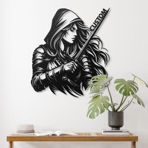 Custom Warrior Woman Metal Wall Art, Personalized Female Portrait, Gothic Decor, Fantasy Art, Gift for Her, Strong Woman Gift