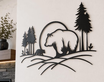 Bear and Cub Metal Wall Art, Rustic Forest Scene
