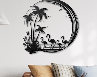 Tropical Background with Flamingo and Palm Tree Leaves, Summer Vacation. Generative AI Stock