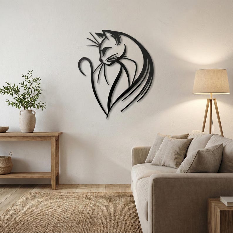 Arte mural de metal con gatos, decoración moderna de pared con gatos, regalo para amantes de los gatos, adorno minimalista de pared con mascotas, decoración para sala de estar y dormitorio. imagen 5