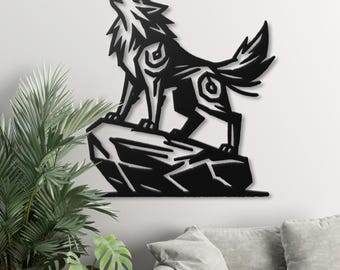 Arte de pared de metal con lobo aullando, decoración rústica de vida silvestre
