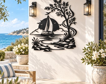 Sailboat Metal Wall Art, Nautical Lake House Decor, Coastal Sunset Landscape